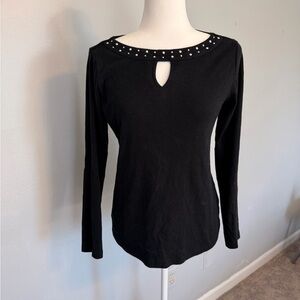 Karen Scott Black Long Sleeve Top with Studded Keyhole Neckline